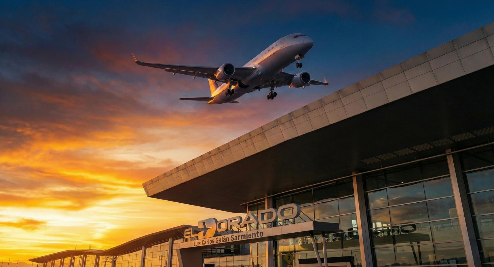 Fachada del aeropuerto El Dorado en Bogota y un avión pasando por encima en un atardecer
